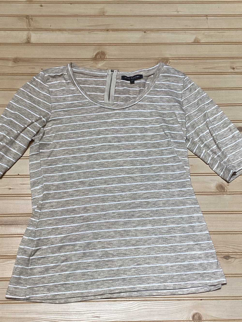 Green Envelope Khaki White Striped Neutral Exposed Back Zipper Soft Knit Top